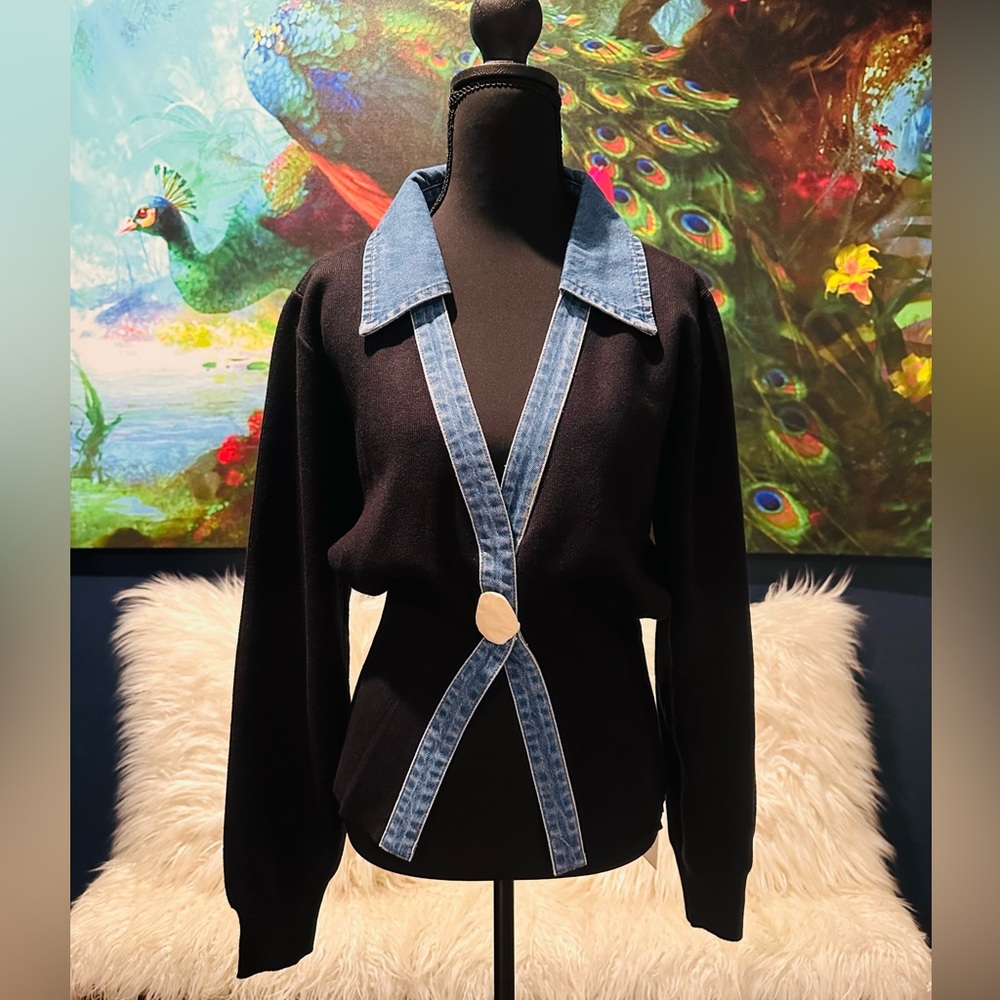 Black Sweater with Denim Trim